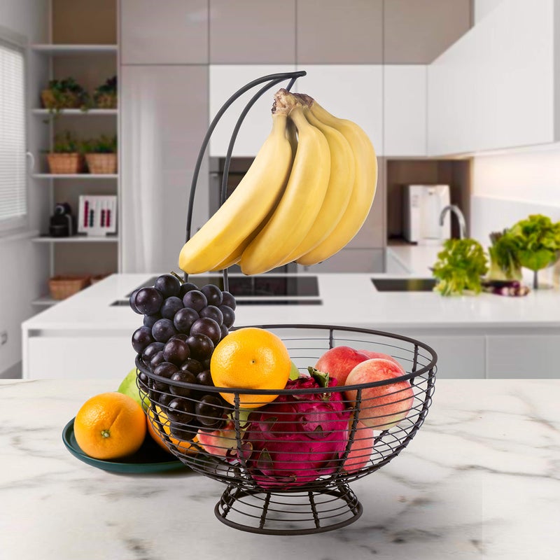 TIEYIPIN [ Extra Large ] TIEYIPIN Fruit Basket Bowl with Banana Hanger, Detachable Wire Banana Holder Hook Kitchen Storage Baskets Stand - Brown - Image 2